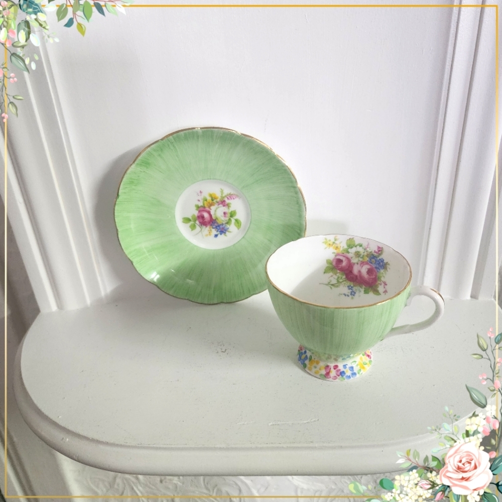 Foley China teacup and saucer, bone China, made in England, mint color